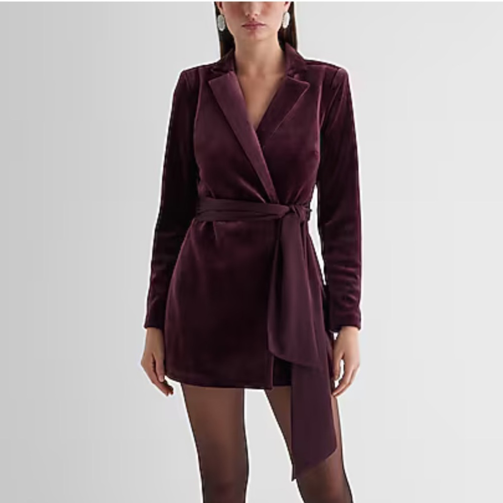Velvet Long Sleeve Open Back Tie Waist Blazer Romper